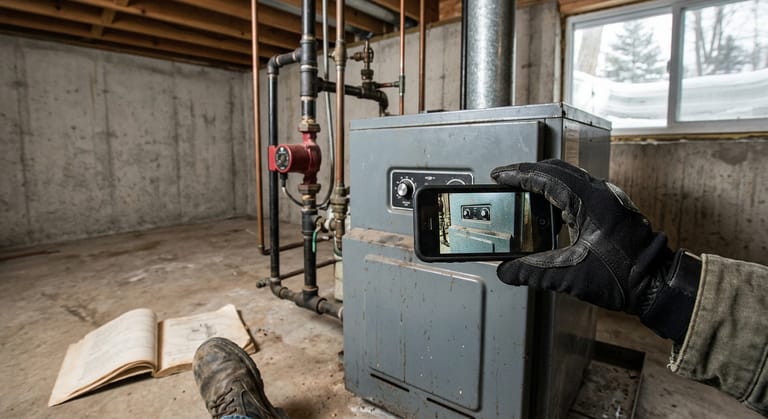 Gloved hand holding a phone up to a closed aquastat control on a boiler to photograph its dial positions, with an appliance manual open on the floor below