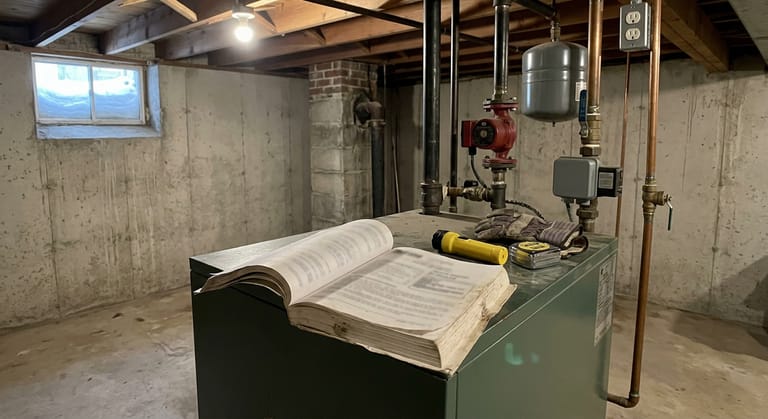 A thick printed boiler manual lying open on the sheet metal top of a floor-standing cast iron boiler in an unfinished basement, with a flashlight, a tape measure and work gloves beside it.