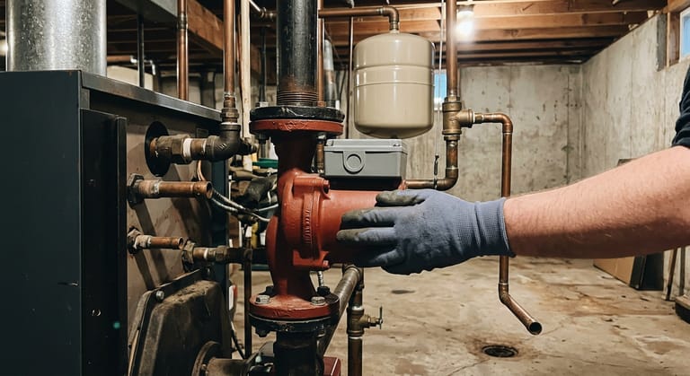 A gloved hand resting flat on a red cast iron circulator pump bolted between two flanges on the pipe leaving a basement boiler.