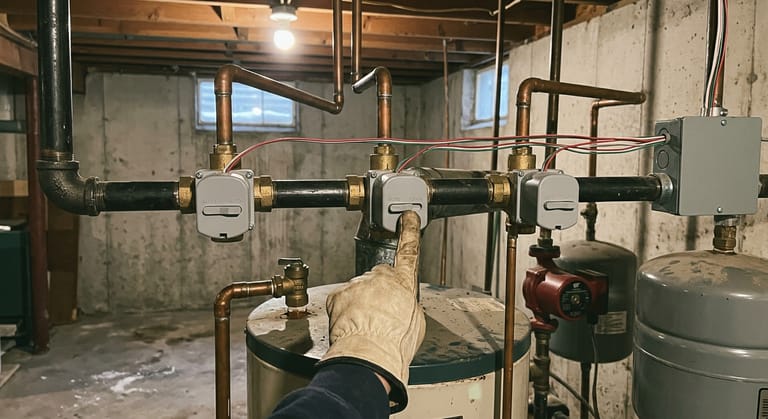 Three zone valve actuators on a boiler supply header, the middle one with its small manual lever pushed across to open.