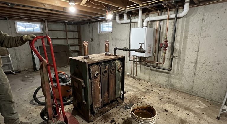 Old floor-standing cast iron boiler dragged onto a basement floor with its jacket panels stacked against the wall and an appliance dolly beside it, a new wall-hung unit already mounted behind.