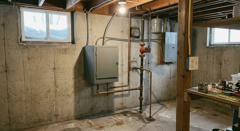 Plain steel electric boiler cabinet on a basement wall with no burner and no flue, metal conduit running to a nearby breaker panel, and copper supply and return pipes joining older black iron pipe with a red circulator and an expansion tank on the joists
