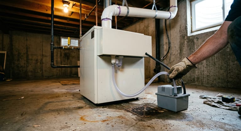 Ribbed white condensate hose running from a trap under a condensing boiler into a small plastic condensate pump box on a basement floor, next to a cast iron floor drain.