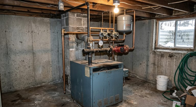 Cast iron gas boiler in an unfinished basement with black iron and copper piping, a red circulator on flanges, a steel expansion tank hung from the joists and a brass relief valve with an open copper discharge pipe.