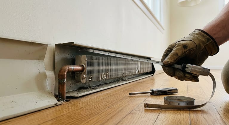 A steel tape stretched along an exposed baseboard element, showing the fin stack ending short of the sheet metal end cap.