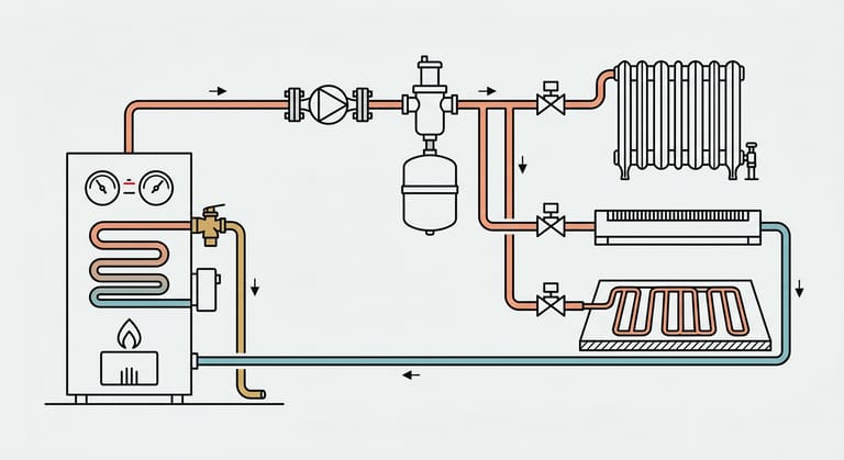 Wordless schematic of a closed hot water heating loop: boiler, circulator, air separator with expansion tank, three zone valves feeding a cast iron radiator, fin-tube baseboard and floor tubing, and the return main, with arrows showing the direction of flow.