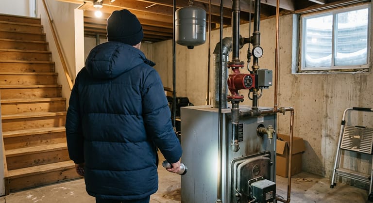 Person in a winter coat seen from behind at the foot of basement stairs, holding a flashlight toward a silent floor-standing boiler.