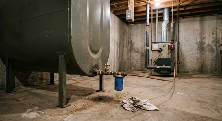 Bottom of a 275 gallon heating oil tank on welded steel legs: the outlet fitting with a brass shutoff valve, a spin-on filter canister and a copper line running along the concrete wall toward the boiler, with a dried stain on the floor beneath