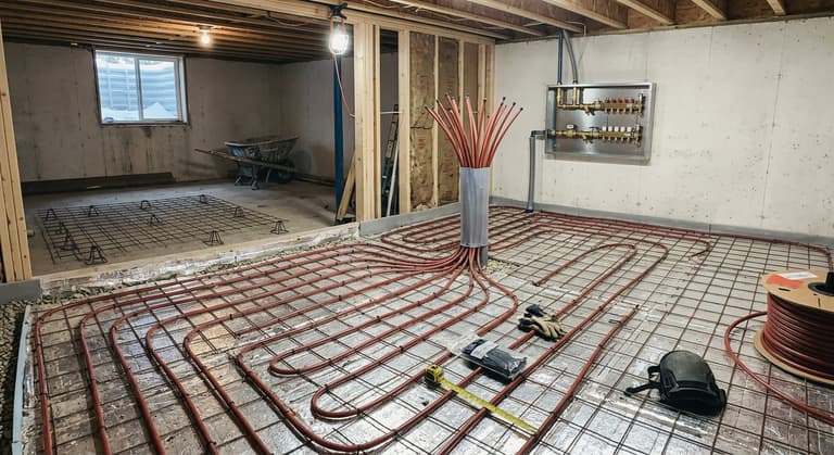 Red PEX tubing zip-tied in a serpentine to welded wire mesh over foam board insulation in a basement, with the tube ends rising toward a wall-mounted manifold before the concrete is poured.