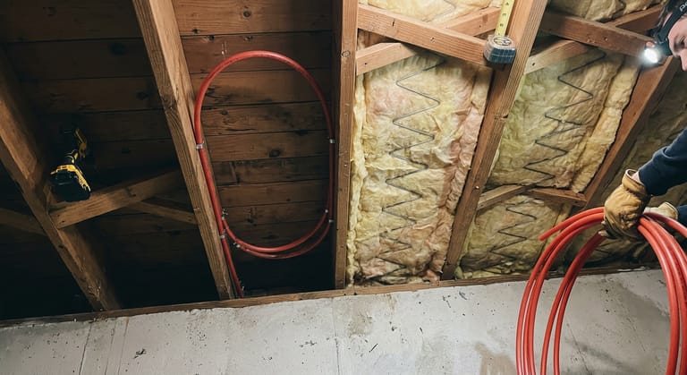 Half-inch red PEX clipped to the underside of a plank subfloor between floor joists, with a fiberglass batt pushed up into the next bay and a tape measure hooked over a joist.
