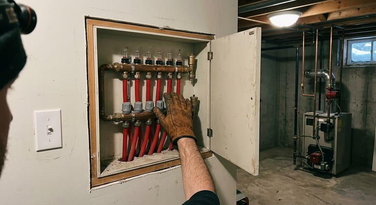 The back of a gloved hand laid against the supply and return ports of a radiant manifold in an open wall cabinet, with flow meters on the supply bar and balancing knobs on the return, one knob turned down further than the rest.