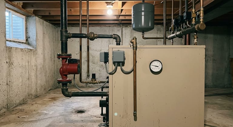 A boiler's combination pressure and temperature gauge on the jacket beside black iron piping, a red circulator on flanges and a brass relief valve.