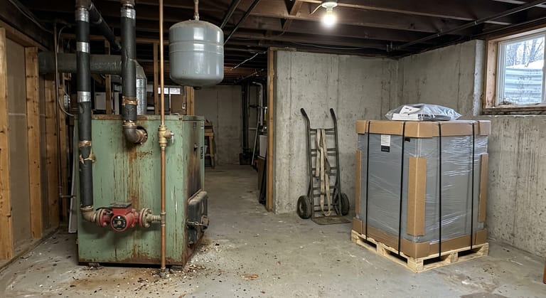 A rust-streaked old cast iron boiler still connected to its piping, beside a replacement boiler shrink-wrapped on a pallet on the same basement floor.