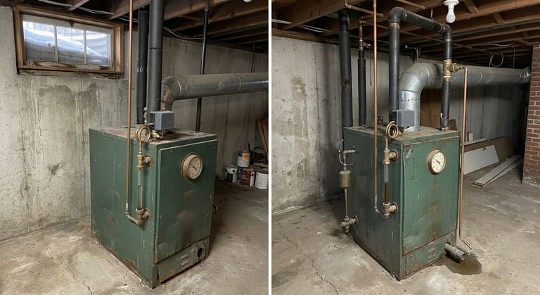Floor-standing gas-fired cast iron steam boiler in an unfinished basement, showing its sight glass, pressure limit control, low water cutoff and gauge on the jacket with black iron piping overhead.