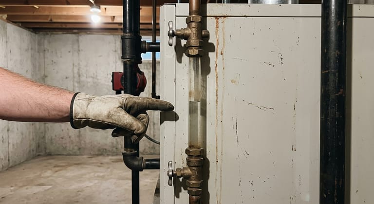 Close view of a steam boiler's glass sight tube between its brass fittings, the water line sitting still near the middle of the glass.