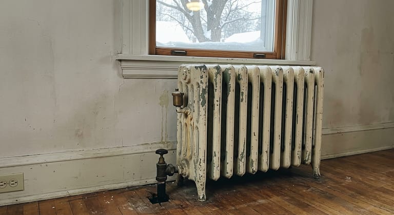Tall cast iron one-pipe steam radiator under a window, with a small brass air vent on an end section and a single supply pipe entering an angle valve at the floor.