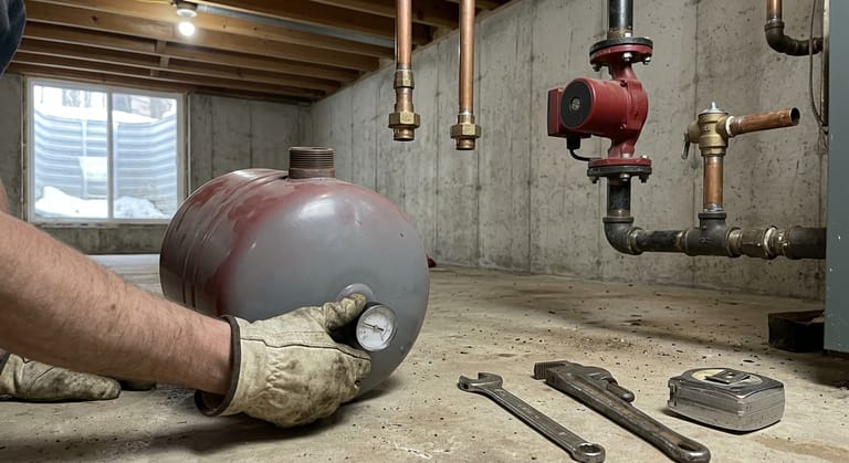 Expansion tank removed from the boiler piping and lying on a basement floor while a gloved hand checks its air charge with a small dial gauge at the valve cap