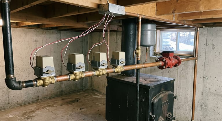 Row of four zone valves with brass bodies and small actuator heads on a copper supply header above a cast iron boiler, thermostat wires running up to a junction box on the joists